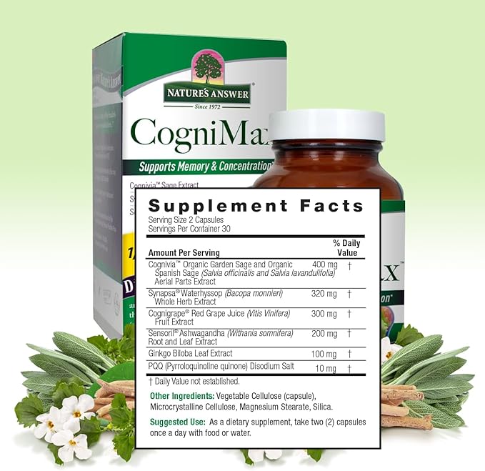 Nature's Answer CogniMax 1330mg Supplement Blend 60-Capsules | Natural Memory, Concentration and Focus Support | Non-GMO, Vegan, Gluten Free | Single Count