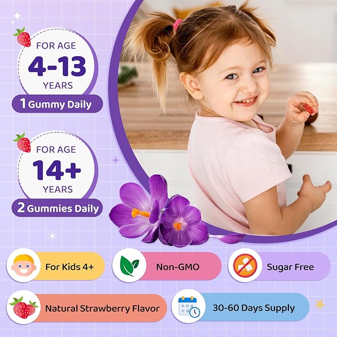 Saffron Gummies for Kids & Adults, 20-in-1 Saffron Supplements with 88.5mg Saffron Extract, B6, B12, C, D3, Magnesium for Calm, Focus, Nerve, Sugar Free, Vegan, Non-GMO - Strawberry Flavor, 60 Counts