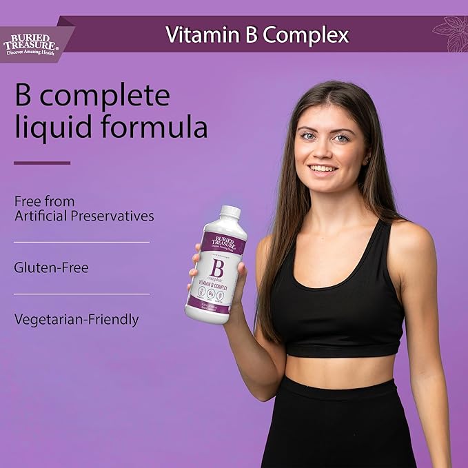 Buried Treasure B Complete - Liquid Vitamin B Complex with MethylCobalamin B12 & MethylFolate B9, Biotin, B1, B2,B3, B5, B6, Liquid & Sugar-Free, Women & Men, Dose Cup for Measuring
