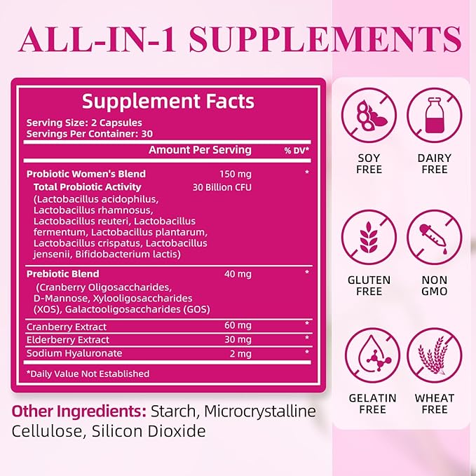 Deepure Probiotics and Prebiotics for Women - 30 Billion CFU Supports Vaginal pH Balance 8 Diverse Strains Enhance Urinary Tract Health Digestive Function & Boosts Immune System 60 Capsules