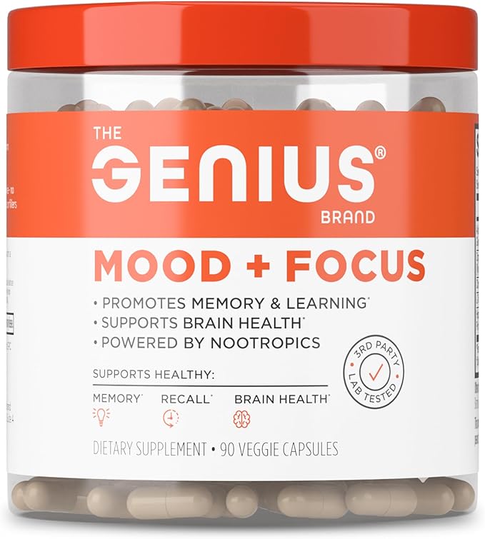 The Genius Brand Genius Mood+Focus - Nootropic Supplement with Organic Lion’s Mane, Alpha GPC & More for Brain Health - Memory Support & Focus Support - Non-GMO - 90 Veggie Capsules