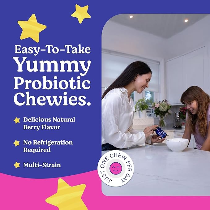LOVEBUG Probiotics for Kids – Probiotic Chewables with Prebiotic Fiber for Age 4+, Daily Children's Gut Health, Constipation, Digestive & Immune Support Supplement, Sugar-Free Berry Flavor, 60 ct