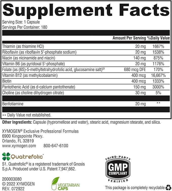 XYMOGEN B Activ Vitamin B Complex with Benfotiamine, Methylfolate, Biotin, Vitamin B6 & B12 (Methylcobalamin b12) - Energy Supplements for Adrenal & Mood Support (180 Capsules)