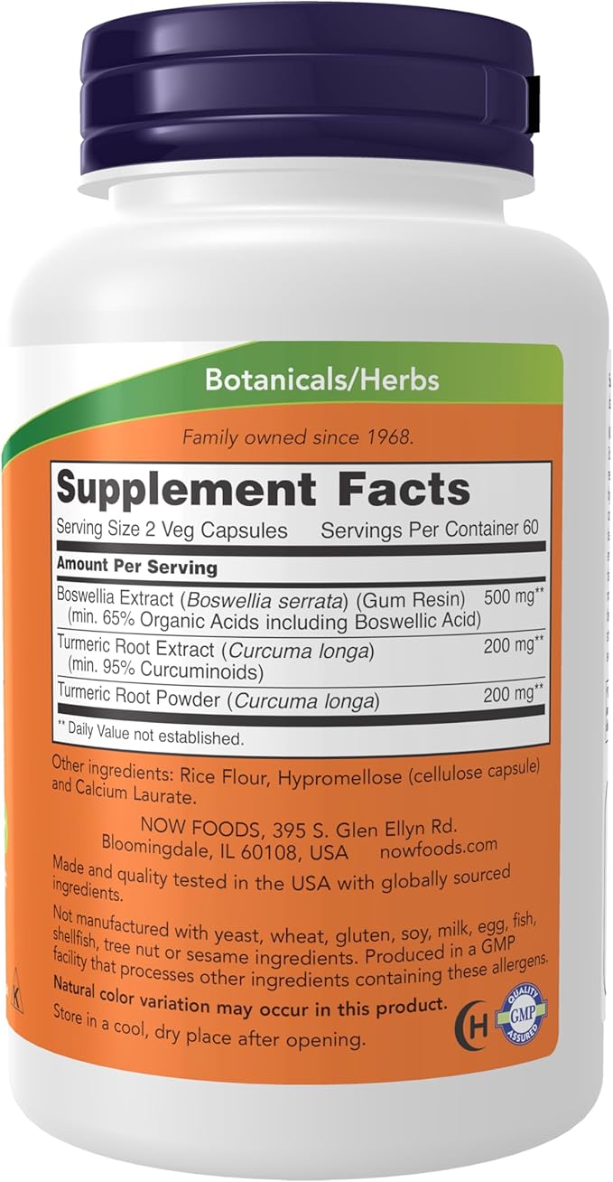 NOW Foods Supplements, Boswellia Extract 250 mg, plus Turmeric Root Extract, 120 Veg Capsules