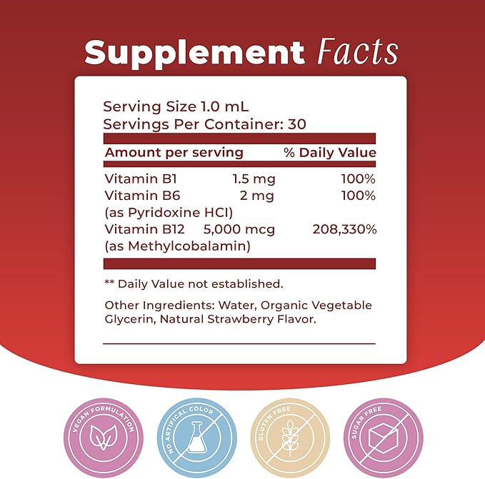 Vitamin B12 Sublingual Liquid Drops (5000 mcg) Plus B1 & B6 in Fastest Absorption Way. Best Formula to Support Brain Cells & Nerve Tissue, Enhance Red Blood Cell Function, Increase Energy & Metabolism