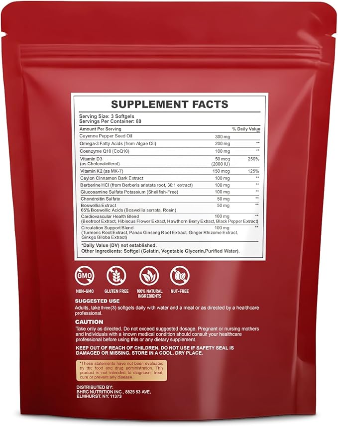 Cayenne Pepper Softgels Supplement, Cayenne Pepper Capsules with VitaminD3+K2,Berberine, Q10, Omega-3, Turmeric, Hawthorn, Beetroot, Supports Leg Vein, Digestive & Heart Vessel Health, 240 Softgels