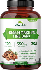 Zazzee Extra Strength French Maritime Pine Bark Extract 20:1, 350 mg Per Capsule, 95% Proanthocyanidins, 120 Vegan Capsules, 4 Month Supply, Certified Kosher, Antioxidant Support, Non-GMO, Made in USA