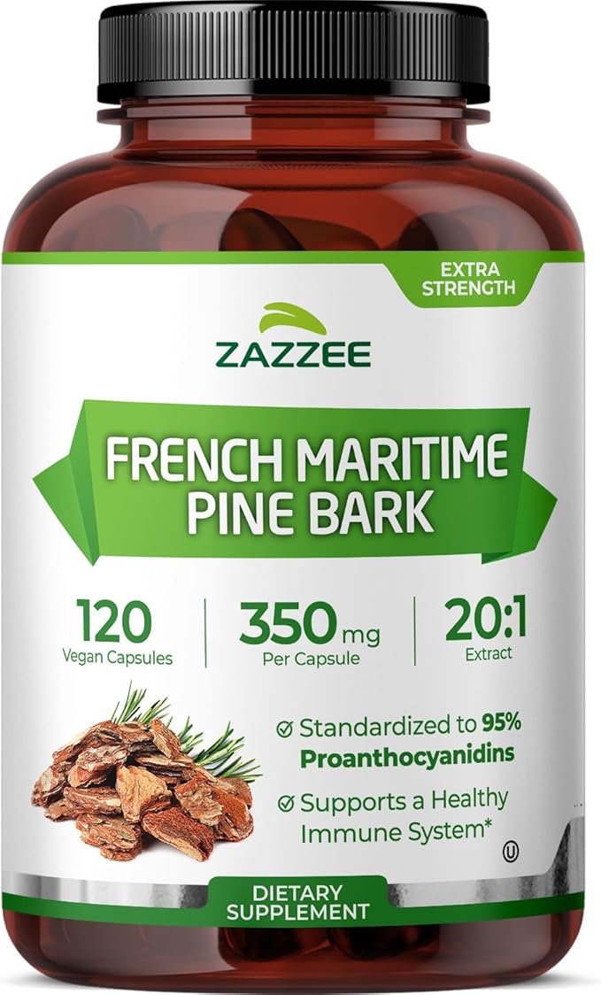 Zazzee Extra Strength French Maritime Pine Bark Extract 20:1, 350 mg Per Capsule, 95% Proanthocyanidins, 120 Vegan Capsules, 4 Month Supply, Certified Kosher, Antioxidant Support, Non-GMO, Made in USA