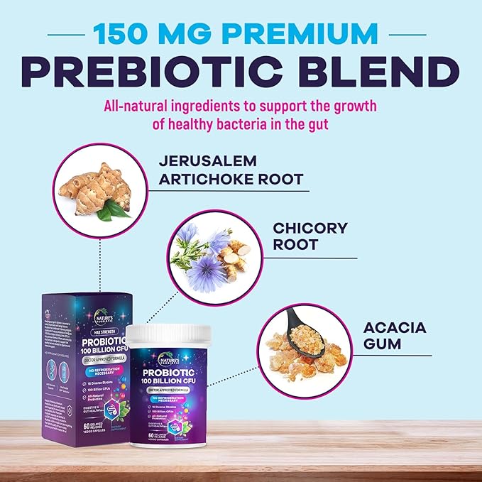 Probiotics for Digestive Health - Probiotic Blend 100 Billion CFU Per Capsule - 16 Premium Strains & Prebiotics for Women & Men, Occasional Constipation, Gas, Gut, Immune Health Support - 60 Capsules