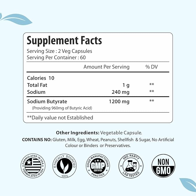 Sodium Butyrate Supplement 1200mg, Yielding 960mg Butyric Acid, 120 Vegan Capsules, 2 Month Supply, Non-GMO & Gluten Free Postbiotic Supplement