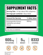BulkSupplements.com Ashwagandha Root Extract Powder - Ashwagandha Powder, Herbal Supplement - Vegan & Gluten Free, 600mg per Serving, 1kg (2.2 lbs) (Pack of 5)