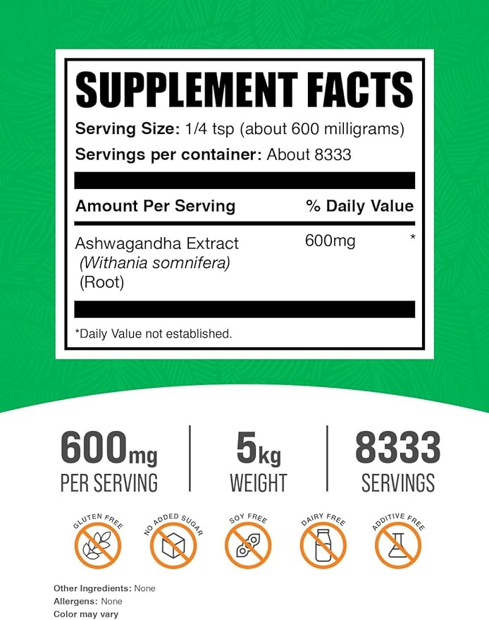 BulkSupplements.com Ashwagandha Root Extract Powder - Ashwagandha Powder, Herbal Supplement - Vegan & Gluten Free, 600mg per Serving, 1kg (2.2 lbs) (Pack of 5)