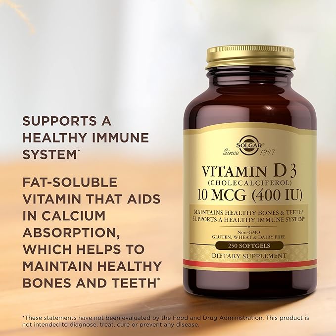 Solgar Vitamin D3 (Cholecalciferol) 10 mcg (400 IU) - 250 Softgels - Helps Maintain Healthy Bones & Teeth - Immune System Support - Non-GMO, Gluten Free, Dairy Free - 250 Servings