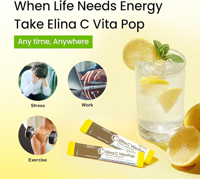 DONGKOOK Vita Pop 2,000mg Vitamin C Vitamin D & Biotin Powder Per Stick, Sugar Free Korean Vitamin C Supplements Multivitamin Advanced Immune Support for Woman Skin Hair, Lemon Powder Drink 100 Packet