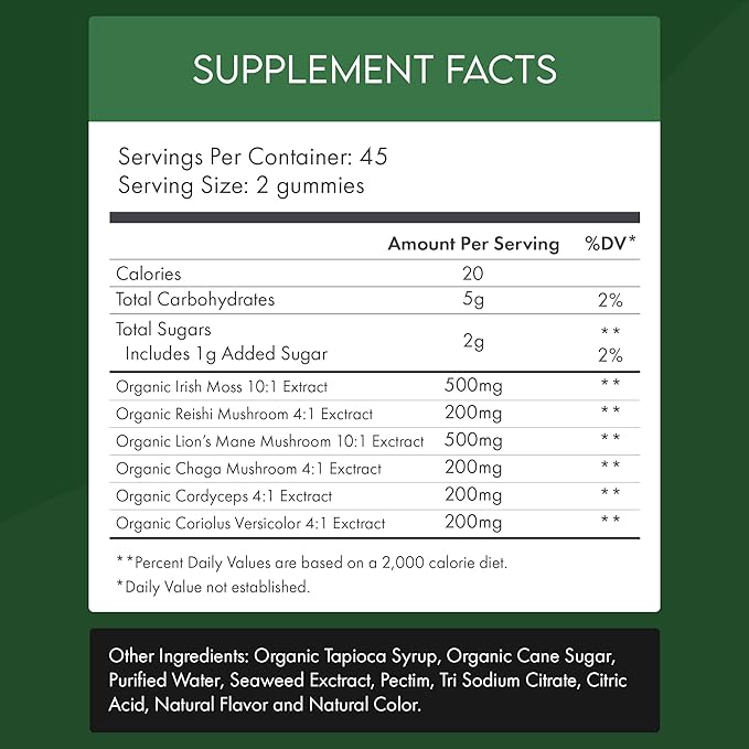 Organic Mushroom Sea Moss Gummies – Lion’s Mane, Reishi, Chaga, Cordyceps, Coriolus & Irish Moss – Cognitive & Immune Support – Vegan, Gelatin-Free, Pectin-Based – Watermelon – 90 Ct