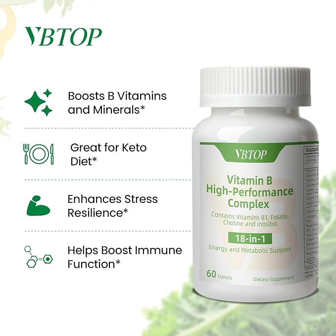 Vitamin B Complex, with Vitamins B1, B2, B3, B5, B6, B12, folic Acid, Choline, zinc, Calcium, inositol, for Brain and Heart Health, Immune Health, and Cellular Energy Support, 60 Tablets