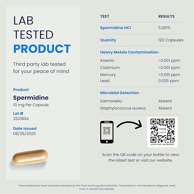 Ultimate Spermidine Supplements for Men and Women, 100x Formula, Longevity Supplements Support, 10 mg Per Capsule, 3rd Party Tested, Vegan, 120 Servings
