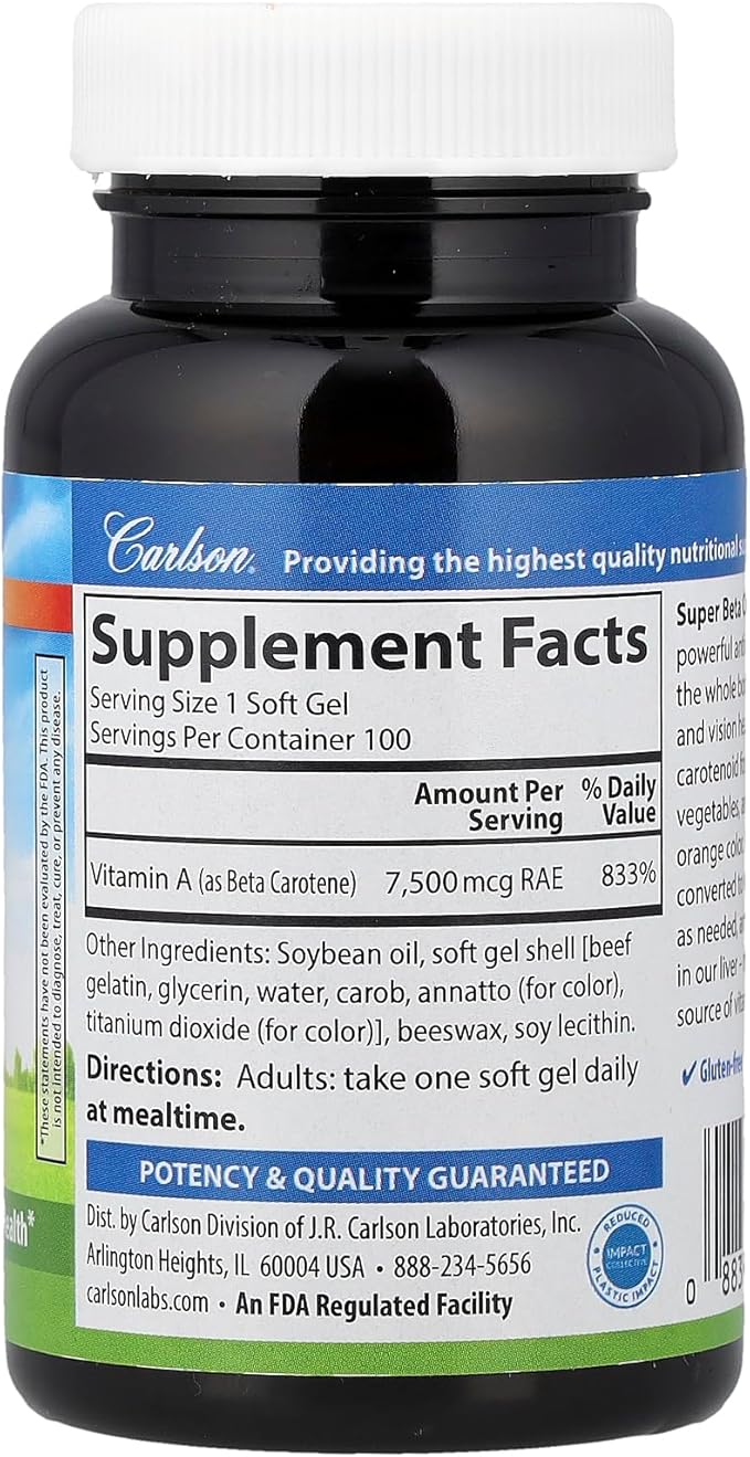 Carlson - Super Beta Carotene, 25000 IU (15 mg), Vitamin A as Beta Carotene, Bioavailable and Bioactive Form, Vision Health, Healthy Skin, 100 Softgels