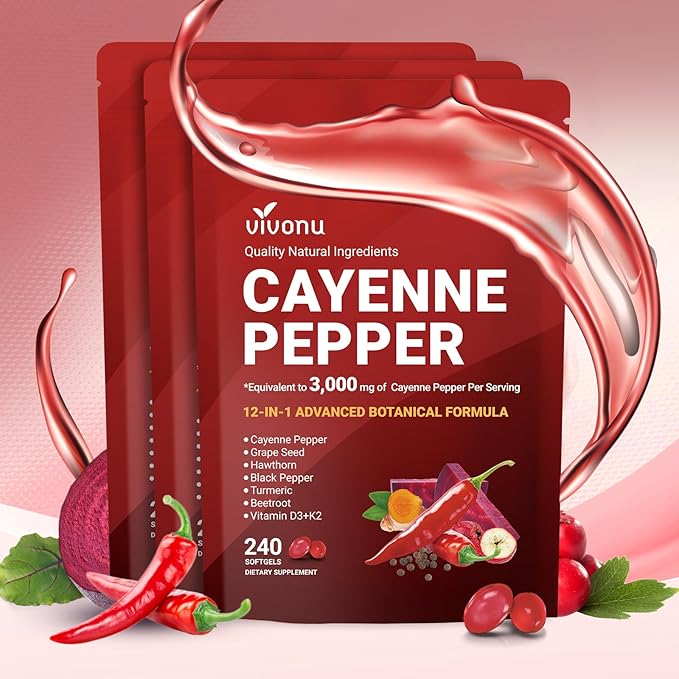 VivoNu Cayenne Pepper Softgels Supplement, Supports Leg Vein, Heart and Blood Vessel Health, with Vitamin E D3+K2 and Extracts of Grape Seed, Hawthorn, Beetroot, Berberine (Softgel / 3 Bag)