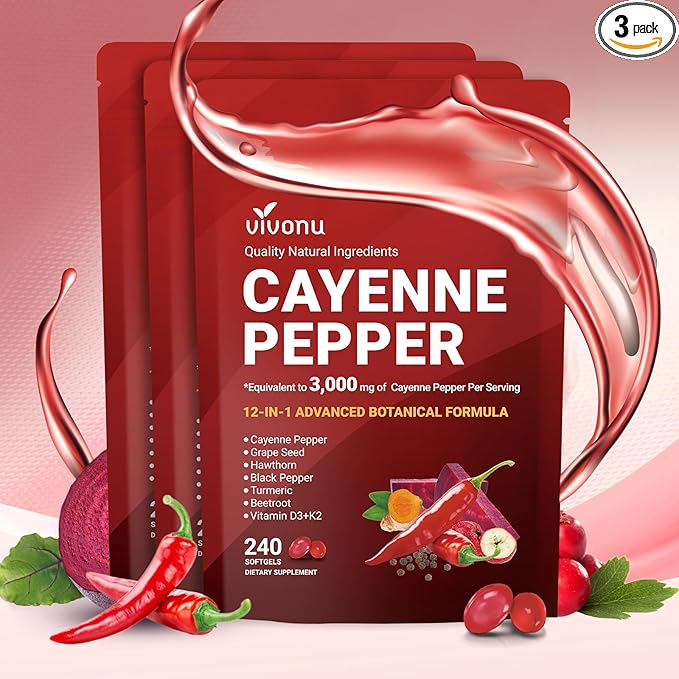 VivoNu Cayenne Pepper Softgels Supplement, Supports Leg Vein, Heart and Blood Vessel Health, with Vitamin E D3+K2 and Extracts of Grape Seed, Hawthorn, Beetroot and Others