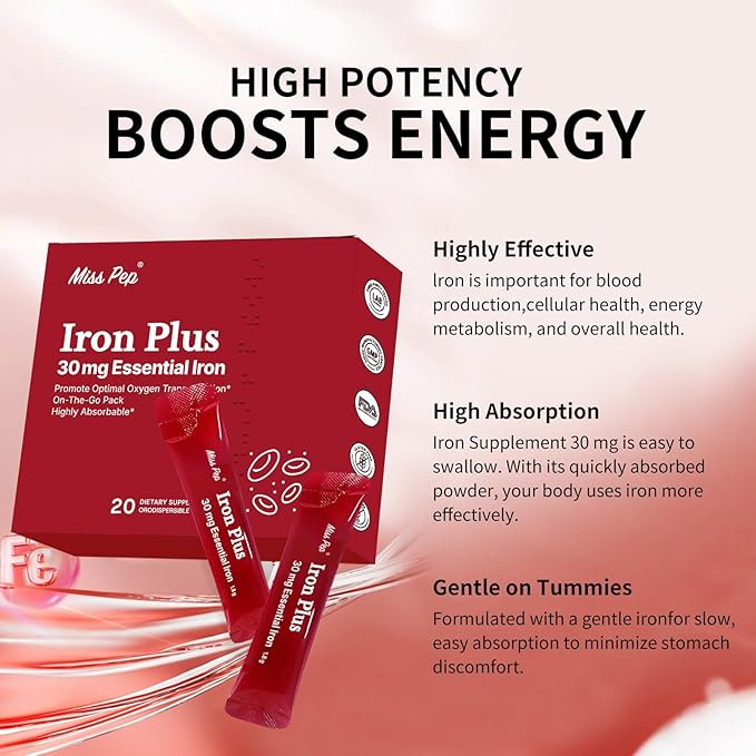 Iron Supplement, 30 Mg Iron Supplement for Women and Men, Promotes Red Blood Cell Production, Supports Iron Deficiency in Adults, 20 Ready-to-Drink Powder Sachets