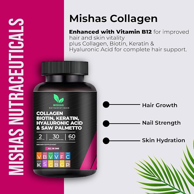 Multi Collagen Hair Pills - Biotin 10,000mcg, Keratin & Hyaluronic Acid - Hair Growth - Hair Skin & Nails Vitamins & DHT Blocker - Vitamin E Folic Acid Pumpkin Seed MSM, Saw Palmetto 60 Vegan Capsules