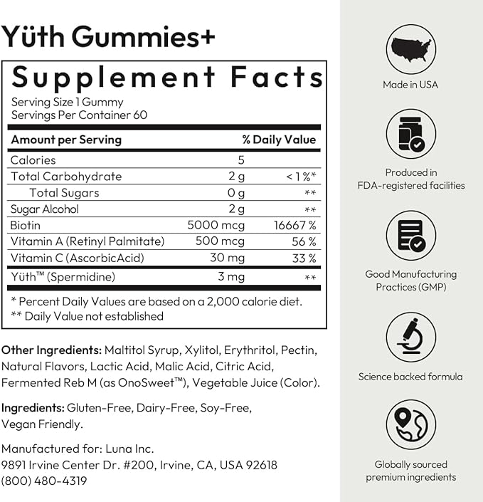 BIGVITA Yuth Gummies + | High-Purity Spermidine Supplement for Cellular Renewal & Anti-Aging | Collagen Support with Vitamin C & A (60 Gummies - Bottle)