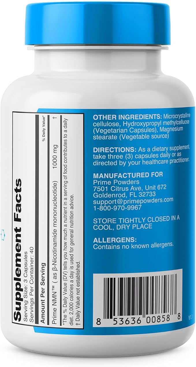 Prime Powders NMN Capsules – 1000mg per Serving – Stabilized Nicotinamide Mononucleotide – Extra Strength High Potency – 120 Vegetarian Capsules, Non-GMO & Gluten-Free