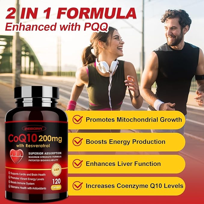 ZEBORA CoQ10-200mg with Trans-Resveratrol, PQQ & Vitamin E - High Absorption Coenzyme-Q10 with BioPerine - Powerful Antioxidant for Heart & Energy-Production,120 Veggie Capsules