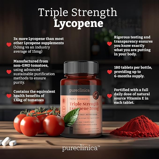 pureclinica Lycopene 50mg x 180 Tablets (6 Months Supply). 300% Strength of Regular Lycopene Tablets