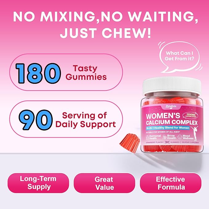 2 Pack Calcium Gummies for Women, Calcium Citrate 1200mg with Vitamin D3 K2, Collagen & Biotin, B0ne, Teeth, Immune & Hormone Support, Sugar Free, Non-GMO, Gluten-Free, Strawberry Flavor, 180 Count
