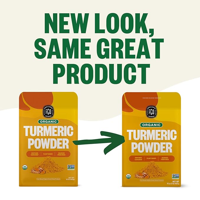 FGO Organic Turmeric Powder w/Curcumin, 1 Pound / 16oz Bulk Resealable Pouch, USDA Organic and Non-GMO, Sourced from India, Packaging May Vary (Pack of 1)