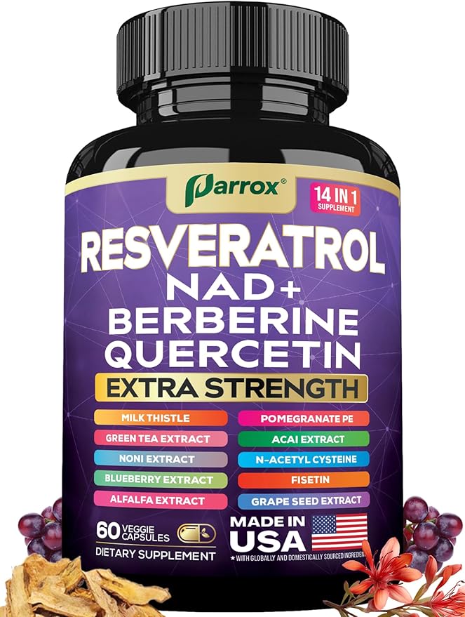 Resveratrol Supplement with Milk Thistle, NAD, Berberine, Quercetin, Fisetin, Pomegranate, Green Tea, Noni, Acai, Blueberry, Grape Seed Extracts, N-Acetyl Cysteine, 14-in-1 Extra Strength (60 Caps)