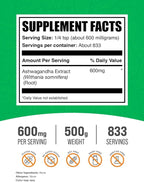BulkSupplements.com Ashwagandha Root Extract Powder - Ashwagandha Supplement, Herbal Supplement - Vegan & Gluten Free, 600mg per Serving, 500g (1.1 lbs) (Pack of 1)