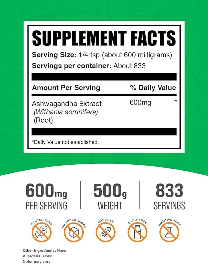 BulkSupplements.com Ashwagandha Root Extract Powder - Ashwagandha Supplement, Herbal Supplement - Vegan & Gluten Free, 600mg per Serving, 500g (1.1 lbs) (Pack of 1)