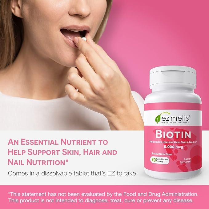 EZ Melts Biotin - Daily Vitamin B7 for Healthy Hair, Skin & Nails - Energy Metabolism Support - No Artificial Flavors - Non-GMO & Vegan - Strawberry Burst - 180 Dissolvable Tablets (180 Servings)