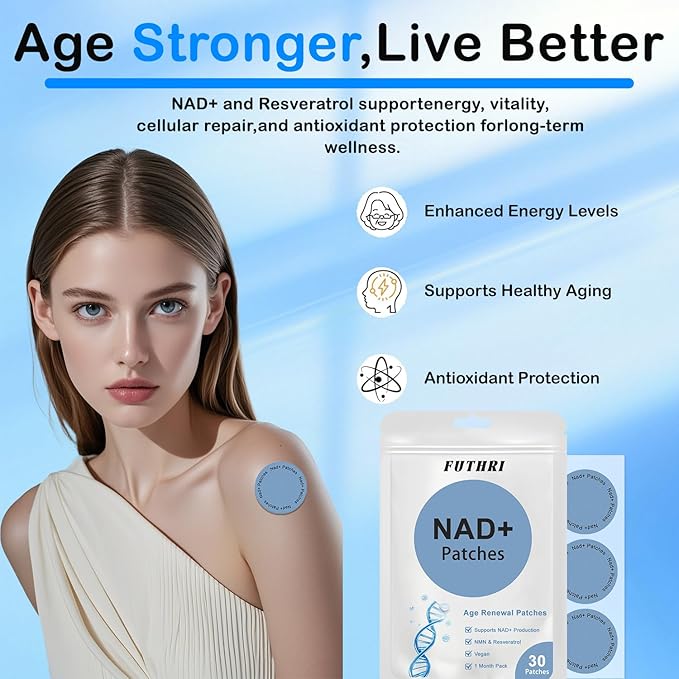 NAD+ Patches, Vegan, 30 Count | NAD Patches for Women & Men | for Energy & Healthy Aging | with CoQ10 & Nicotinamide | Comfortable All-Day Wear