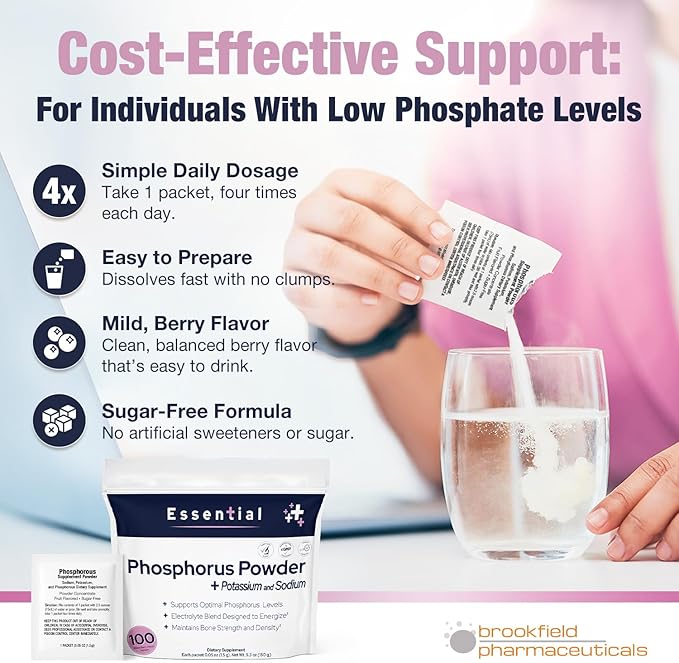 Phosphorus Supplements 100 Packets, Dietary Supplements Powder with Sodium Phosphate and Potassium Phosphate, Fruit Flavored Phosphorous Supplement Powder for Electrolyte, Bone Health & Kidney Health