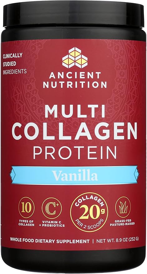 Ancient Nutrition Collagen Peptides Powder, Multi Collagen Protein, Women & Men, Vitamin C, Probiotics, Hydrolyzed Collagen, Supports Skin, Joints, Gut Health, Vanilla, 24 Servings