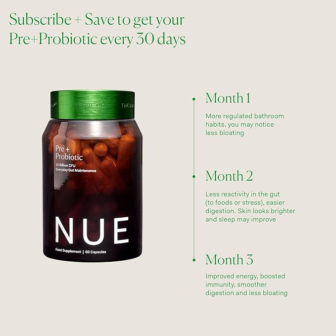 The Nue Co. Pre + Probiotic Supplement - Synbiotic & Spore Based Formula for Daily Gut Balance - Vegan & Gluten Free Immune Supplement - Supports Digestive Wellness, Immunity & Skin | 60 Capsules