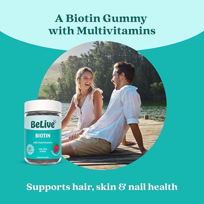 BeLive Biotin Gummies with MultiVitamins, Folate, Inositol – Supports Hair Growth, Healthy Skin & Nails – Vegan, Pectin Based – Strawberry Flavor (2)