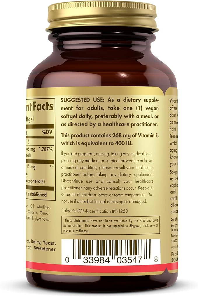 Solgar Vitamin E 268 mg (400 IU) - 100 Vegan Softgels - Naturally Sourced - Non-GMO, Gluten Free - 100 Servings