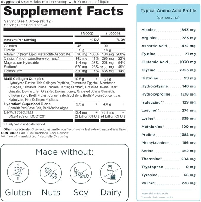 Ancient Nutrition Advanced Multi Collagen Protein Powder Hydrate, Lemon Lime, 30 Servings