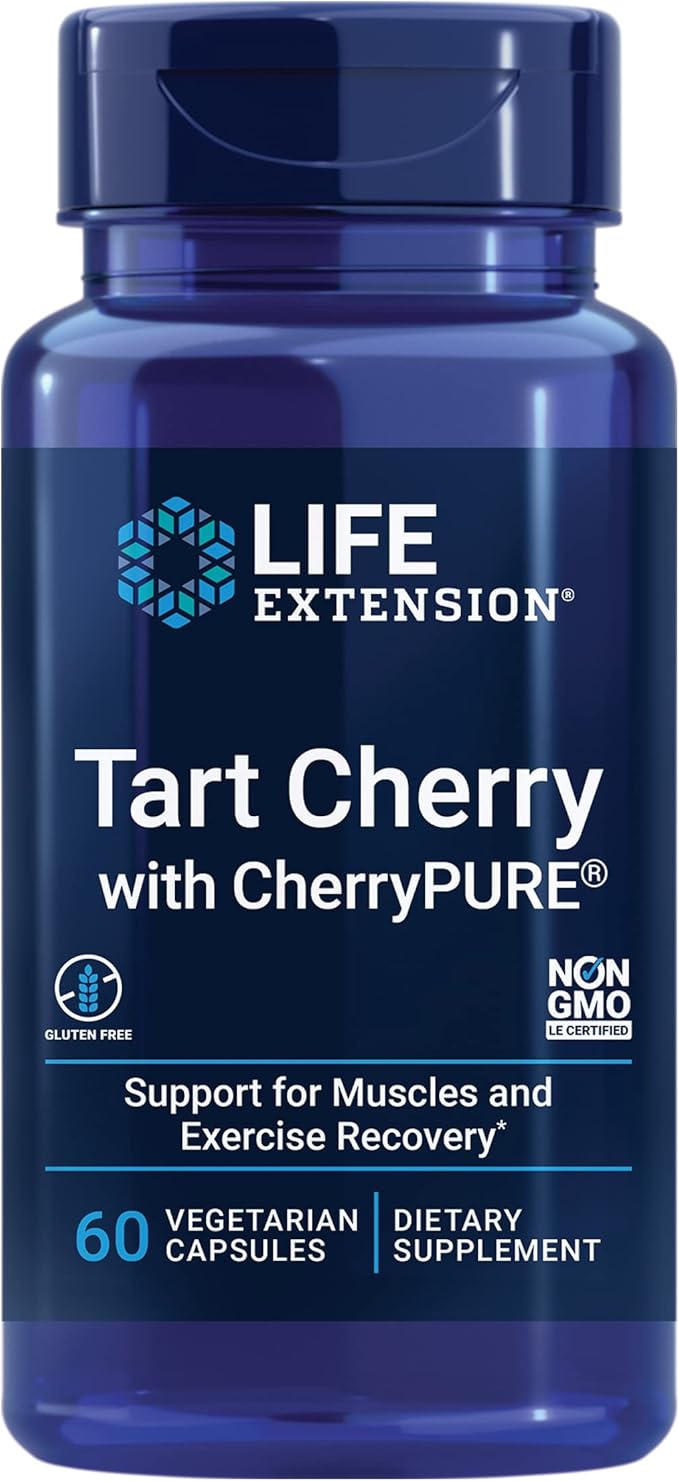 Life Extension Tart Cherry with CherryPURE®, anthocyanins, oxidative Stress, Muscle Recovery, Exercise Support, Muscle Comfort, Vegetarian, Gluten-Free, Non-GMO, 60 Capsules