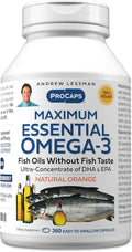 ANDREW LESSMAN Maximum Essential Omega-3 Orange - 360 Softgels - Ultra-Pure, High Potency Omega-3 Oils. High DHA, No Stomach Upset, No Contaminants, No Mercury. Small Easy to Swallow Softgels