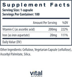 Vital Nutrients Iron Plus C - Vegan Iron Supplement - 20mg Fe with 200mg Vitamin C to Increase Fe and Energy Levels - Gluten, Dairy, Soy Free - Non-GMO - 100 Capsules