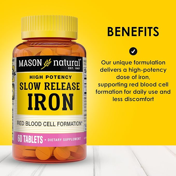 Mason Natural Slow,Release Iron (Ferrous Sulfate) 50 mg Tablets, 180 Day Supply, High Potency Supplement, Gentle on Stomach, 3 Pack