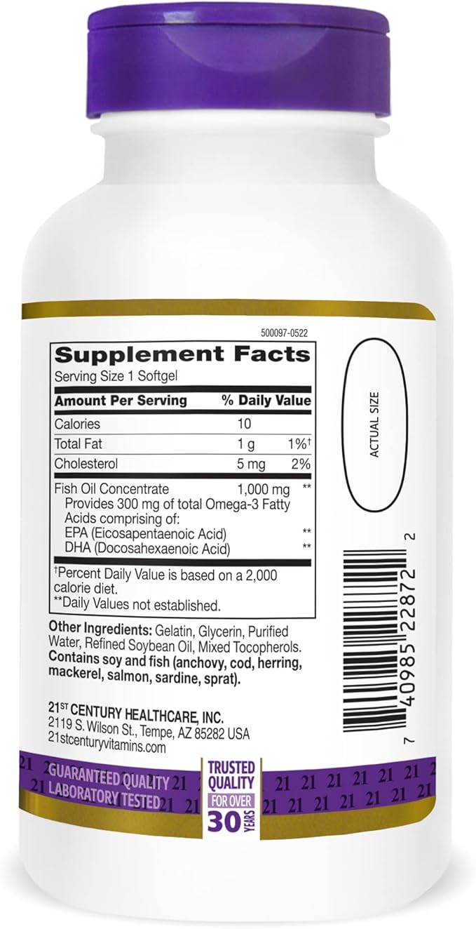 21st Century Fish Oil 1000 mg Softgels, (300 Count), Molecularly Distilled, Omega 3 Supplement with EPA & DHA, Purified to Eliminate Mercury, Supports Cardiovascular Health, Gluten Free & Non-GMO