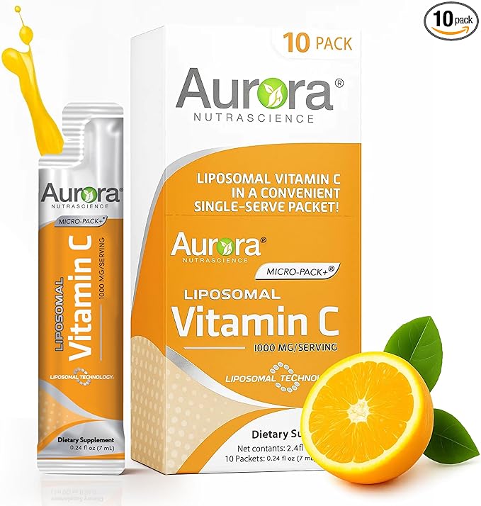 Aurora Nutrascience Liposomal Liquid Vitamin C - Healthy Immune Support Supplement for Adults, Sugar Free, 1000 mg per Serving, Vegan, Gluten Free, Non-GMO - 10 Single Serve Packets, Orange