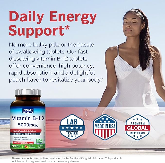 Innate Vitality Vitamin B12 5000mcg, Sublingual, Vegan Methylcobalamin, Fast Dissolve Tablets, Natural Peach Flavor, Supports Energy Production & Healthy Nervous System, 240 Tablets